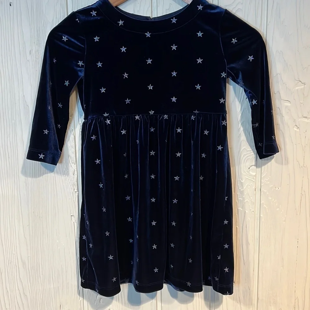 GAP Kids Girls Navy Long Sleeve Dress with Silver Sparkly Stars, Size S